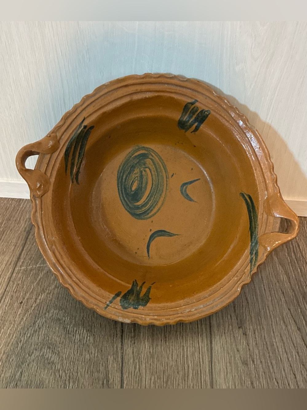 Handcrafted Terracotta Serving Bowl with Blue Brushstroke Design
